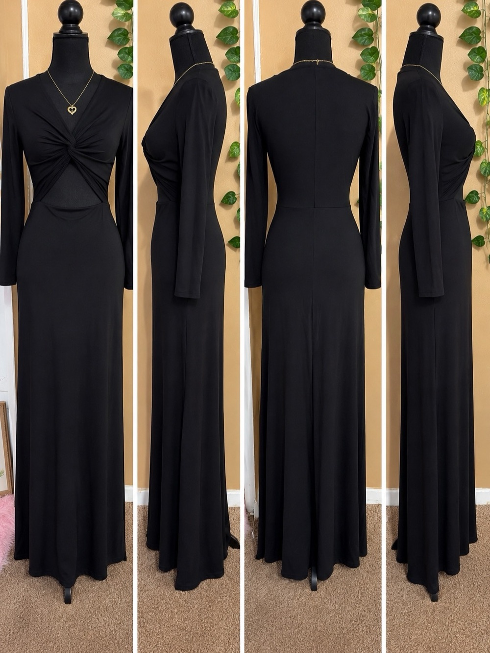 Black Long Sleeve Twist Front Maxi Dress